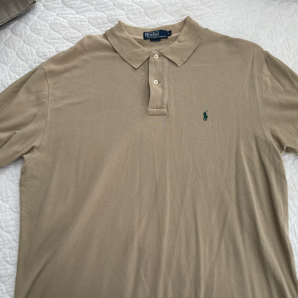 Size large, mens tan  short sleeved Polo